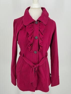 L.A. Kitty Jacket Medium M Magenta Pink Polka Dot Ruffle Tie Belt Trench Coat